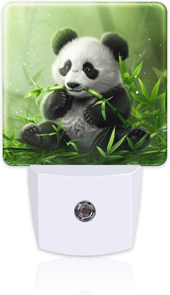 Cute Panda Eating Bamboo Night Light, Natural Animal Green Leaves Dusk to Dawn by sndheke