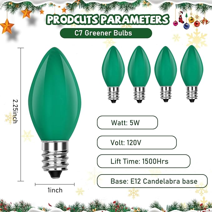 25PK C7 Green Light Bulbs Christmas Decorations Replacement Bulbs, C7 Ceramic - Image 2