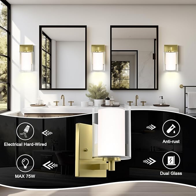 Kalium Bathroom Wall Sconces Set of Two Gold Double Clear Glass Shade Modern - Image 3
