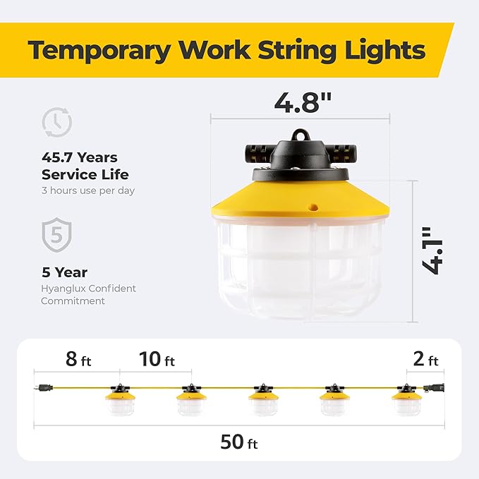 Outdoor Construction LED String Lights: 3 Prong 50FT 75w 10500lm ETL Certified - Image 3