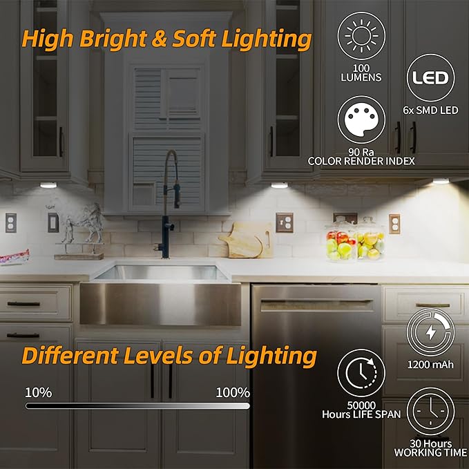 Puck Lights with Remote Control, Under Cabinet Lighting with Magnetic, 1200mAh - Image 2