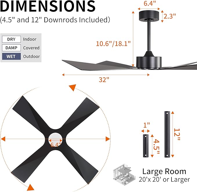 WINGBO 64" Wet Rated Outdoor Ceiling Fan - Image 4