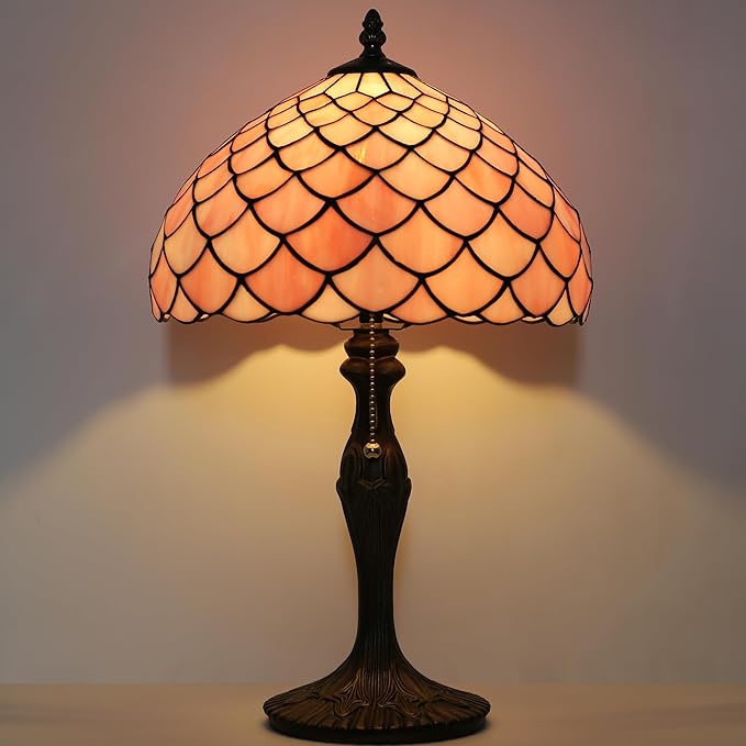 Tiffany Lamp Stained Glass Table Lamp 12” x 19” Pink Fish Scales Style by LUSTIX