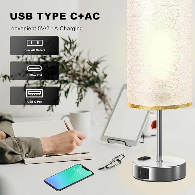 Table Lamp for Bedroom with Touch Control, Bedside Lamp with USB C+A Charging - Image 2