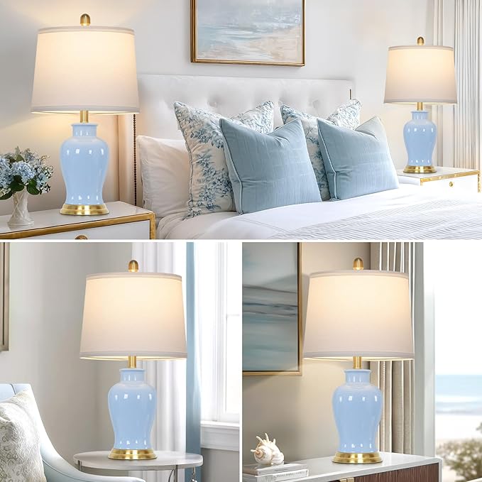 Blue Ceramic Table Lamps Set of 2, Modern Bedside Lamp - Image 6
