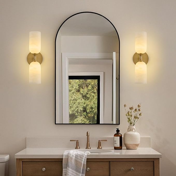 Vintage Alabaster Brass Wall Sconce: Set of 2 Antique Spanish Natural Marble - Image 8
