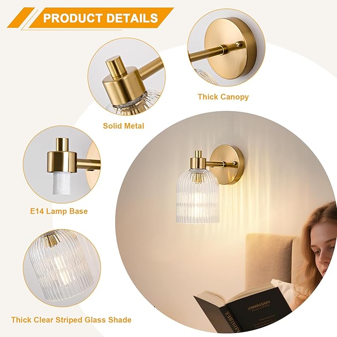 Gold Modern Wall Sconce Set of 2 Glass Bathroom Vanity Lighting Fixture Sconces - Image 6