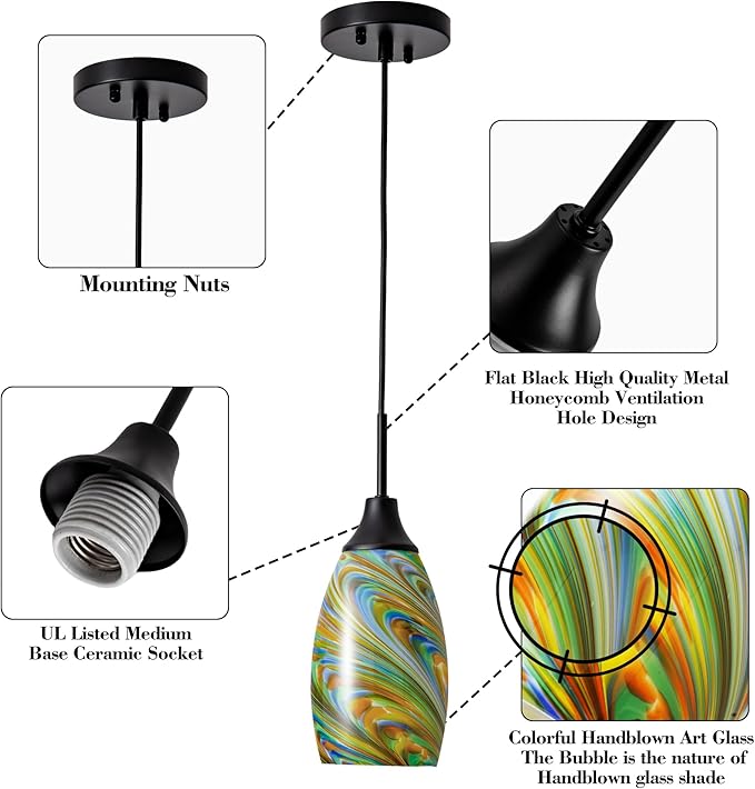 Mini Glass Pendant Light 4.72" Oval Pendant Lights 3-Pack Handblown Colorful - Image 4