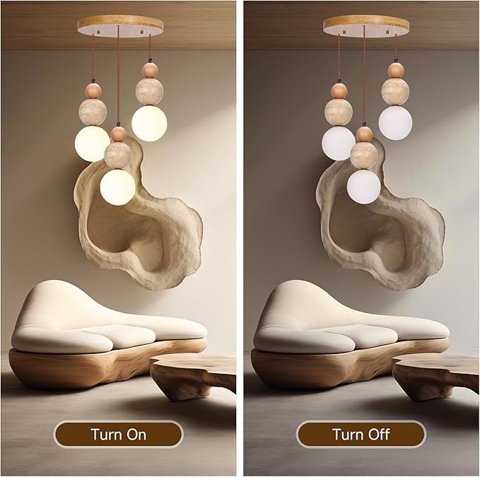Wabi Sabi Pendant Light, 3-Light Travertine Stone Fixture-Japandi Japanese - Image 8