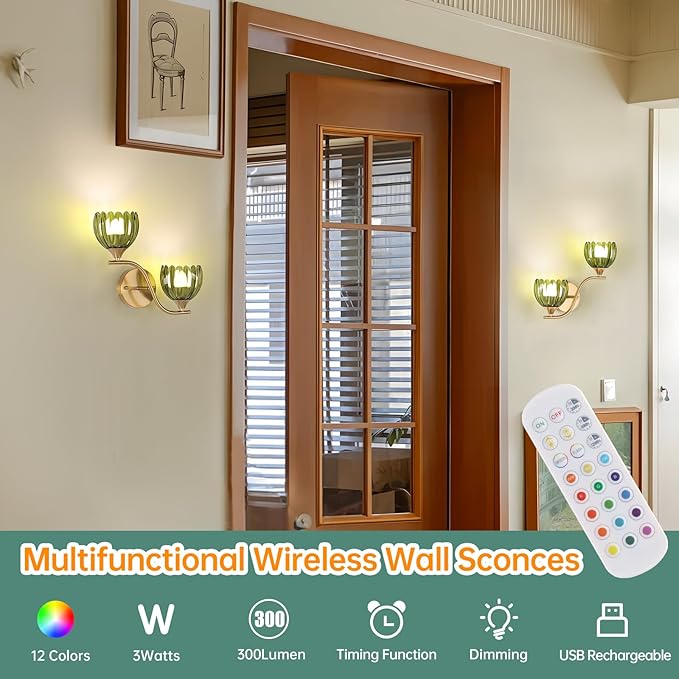 Battery Operated Wall Sconce, 2-Lights Vinatge Brass Wall Lighting - Image 2
