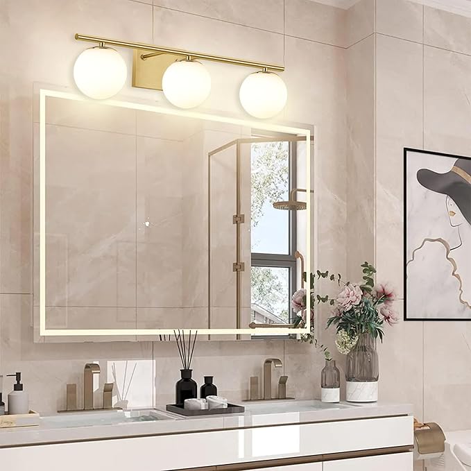 New Bathroom Vanity Light Fixtures 3 Lights Brushed Brass Glass Shade Modern - Image 8