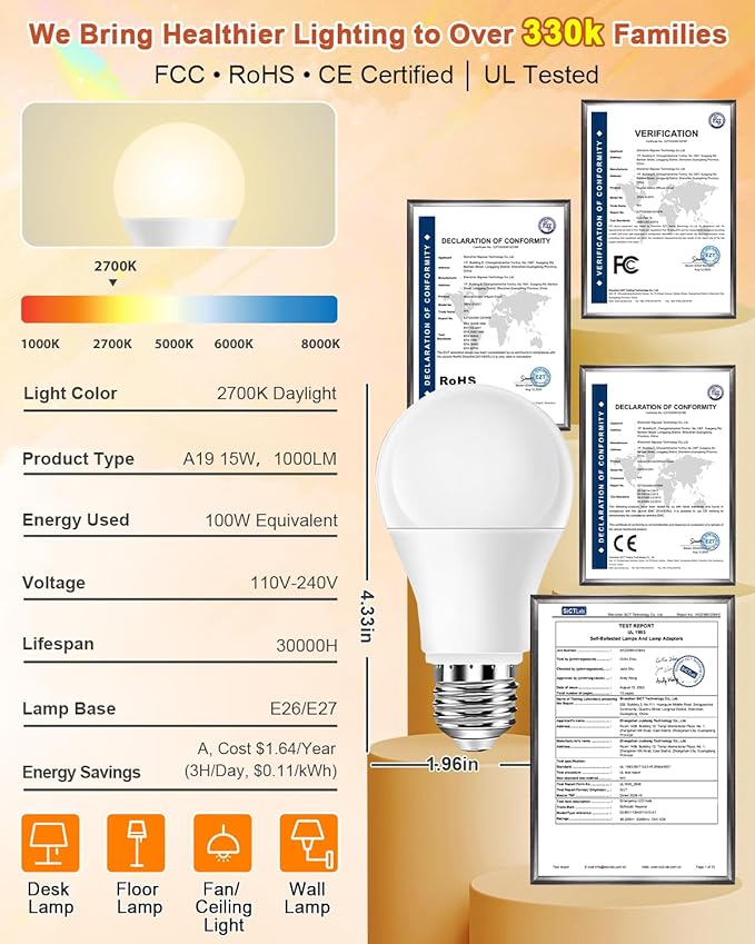 Neporal Full Spectrum Light Bulb 15W LED=100W, 2700K Flicker-Free Warm Light - Image 6