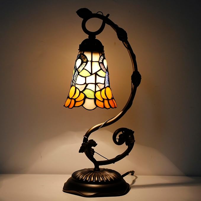 Tiffany Lamp Stained Glass Desk Reading Bedside Light, Metal Leaf Table Lamp by ANYONGLU