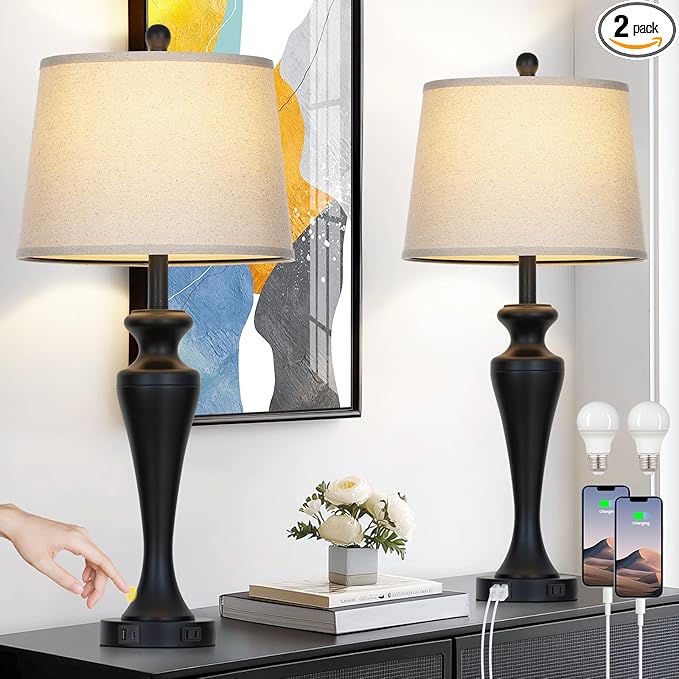 30" Black Table Lamps Set of 2, Touch Control Tall Living Room Lamp by Unknown