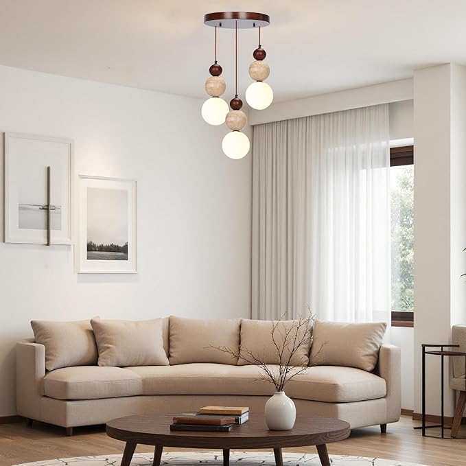Wabi Sabi Pendant Light, 3-Light Travertine Stone Fixture-Japandi Japanese - Image 2