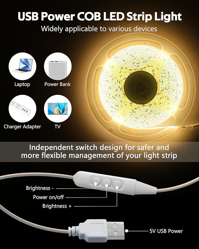 5V COB LED Strip Light for Bedroom 16.4FT USB LED Light Strip Warm White 3000K - Image 5