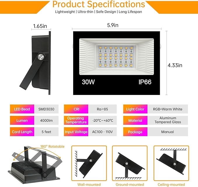 LED Flood Light Outdoor, 30W RGB Color Changing Smart Floodlights 2700K 3000LM - Image 7