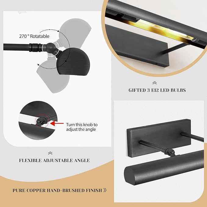 Matte Black Picture Lights for Wall, 3-Light Bronze Gallery Light, Warm White - Image 6