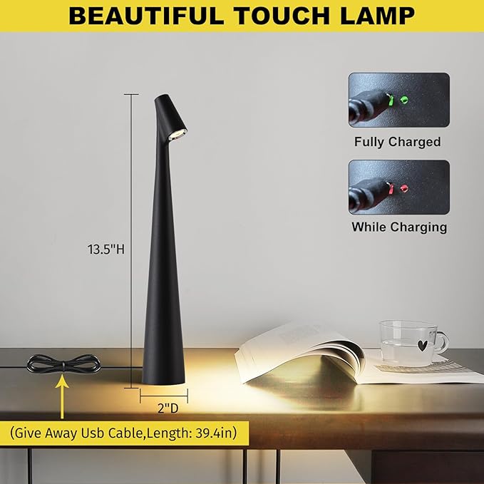 Black Set of 2 Cordless Table Lamps Rechargeable Battery Operated Lamp Touch - Image 5