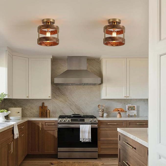2 Pack Rustic Farmhouse Wood Flush Mount Ceiling Light Fixture Oak Wood and - Image 2