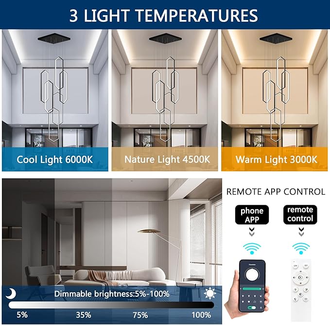 6-Rings Chandelier Modern, Dimmable Flush Mount High Ceiling Chandeliers - Image 4