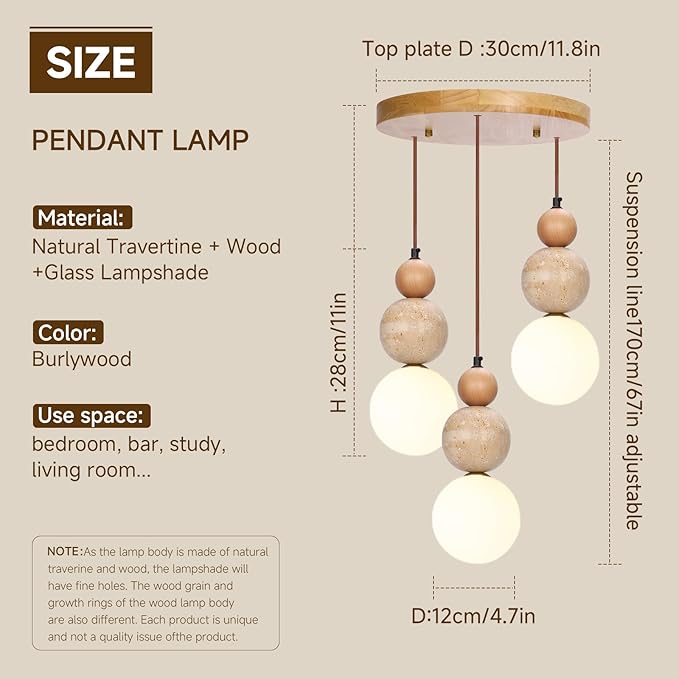 Wabi Sabi Pendant Light, 3-Light Travertine Stone Fixture-Japandi Japanese - Image 5