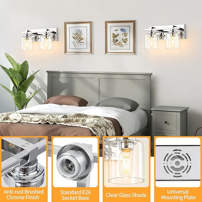 2 Light Modern Bathroom Light Fixtures Over Mirror, Chrome Vanity Lights - Image 3