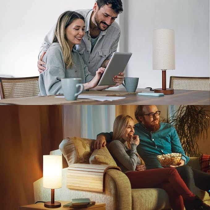 Small Table Lamp for Bedroom, Nightstand Lamp Linen Lampshade Bedroom Wood Base - Image 5