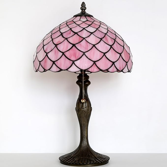 Tiffany Lamp Stained Glass Table Lamp 12” x 19” Pink Fish Scales Style - Image 4