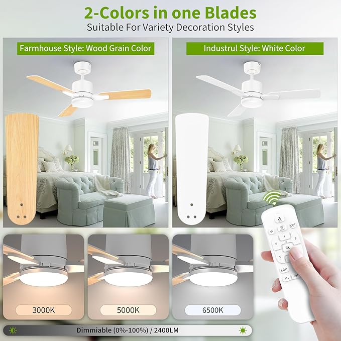 Ceiling Fans with Lights, 42 Inch Low Profile Ceiling Fan with Light and Remote - Image 3