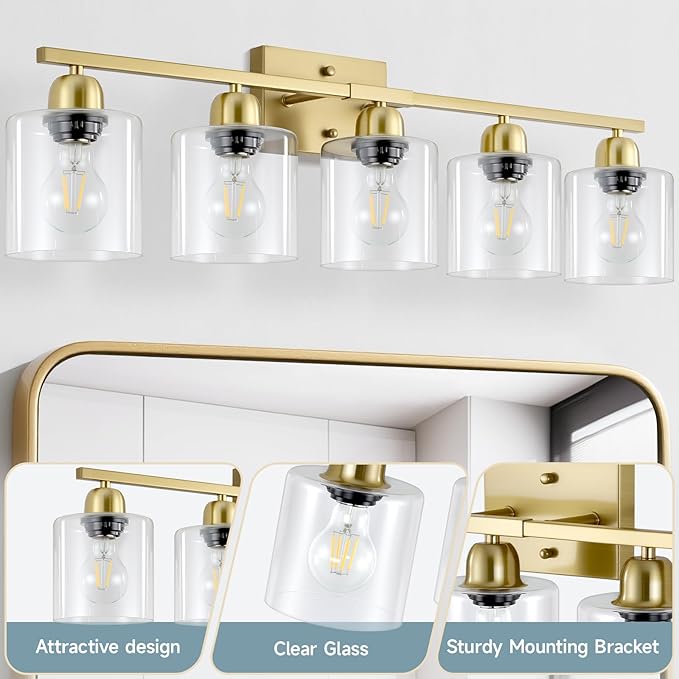 Modern Brushed Gold 5 Light Bathroom Vanity Light, 31 inch Vanity Lights - Image 3