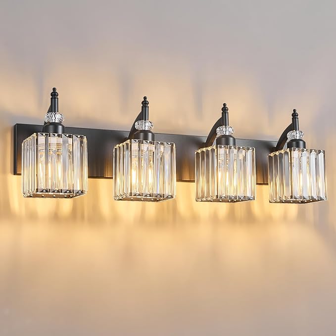 Modern Bathroom Vanity Light 4-Light Black Crystal Light Fixtures Over Mirror by BBLLWJ