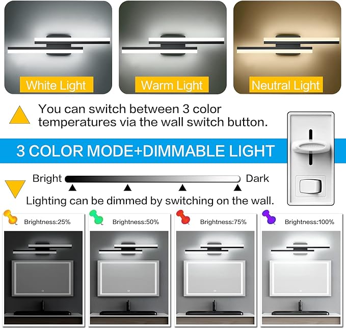 PRESDE LED Bathroom Vanity Light Modern Black 24 Inch LED Wall Lighting Fixture - Image 4