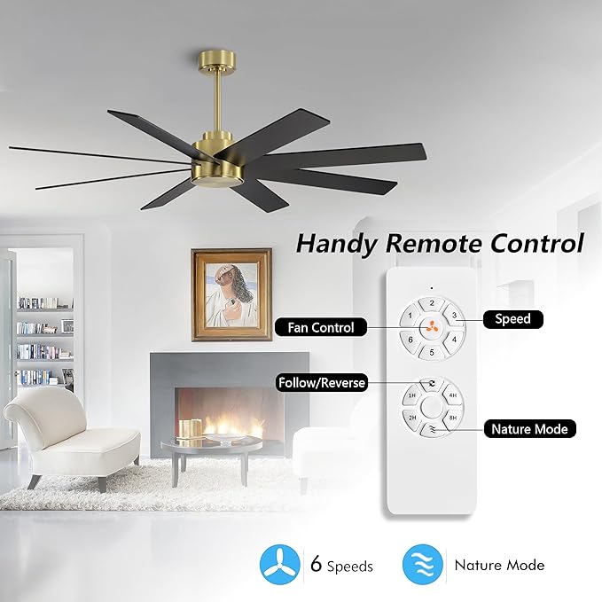 WINGBO 72" Large DC Ceiling Fans without Lights, 3 Downrods, 8 Plywood Blades - Image 2