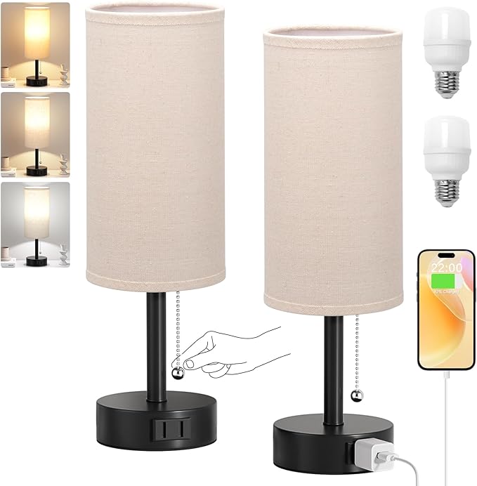 Fenmzee Bedside Table Lamps Set of 2-3 Color Temperatures Pull Chain Lamp - Image 8