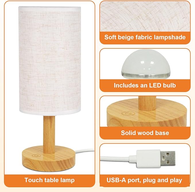Small Touch Table Lamp with Stepless Dimming&USB Plug, Natural Round Wood - Image 5