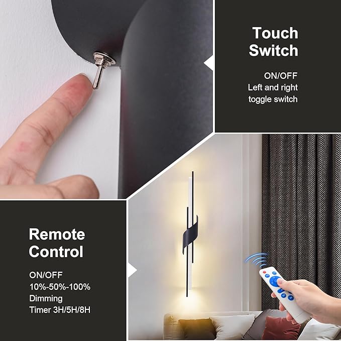 camuucci Battery Operated Black Wall Sconces Set of Two, Modern Wireless Wall - Image 6