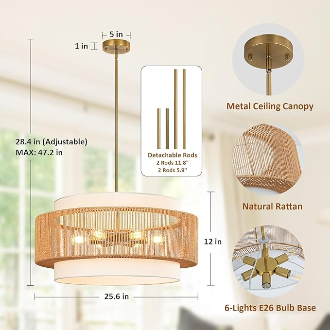 25.6" Rattan Chandelier, 6-Light Large Rattan Pendant Light - Image 2
