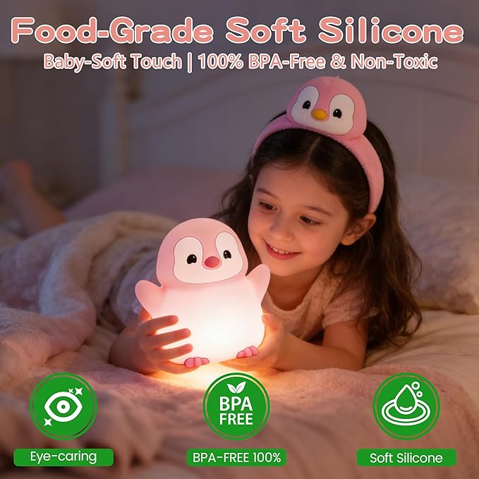 Pink Penguin Night Light, Soft Silicone Nursery Nightlight - Image 4