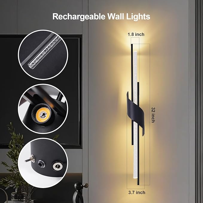 camuucci Battery Operated Black Wall Sconces Set of Two, Modern Wireless Wall - Image 7