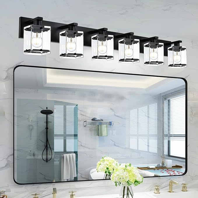 6-Light Bathroom Light Fixture Black Finish, Modern Vanity Lighting by WINSHENLighting