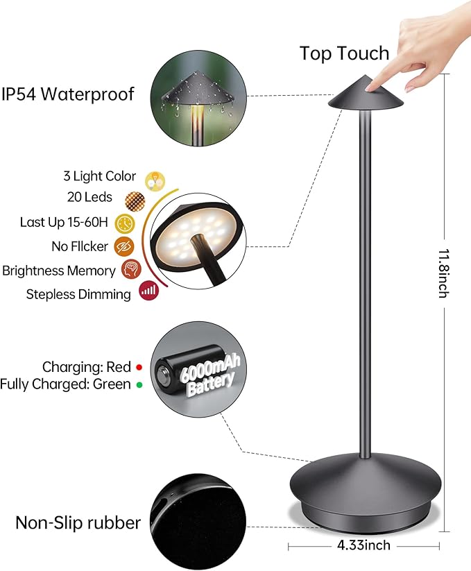 Portable Led Cordless Lamp Table Light 2 Pack, Rechargeable 6000mAh Battery - Image 4