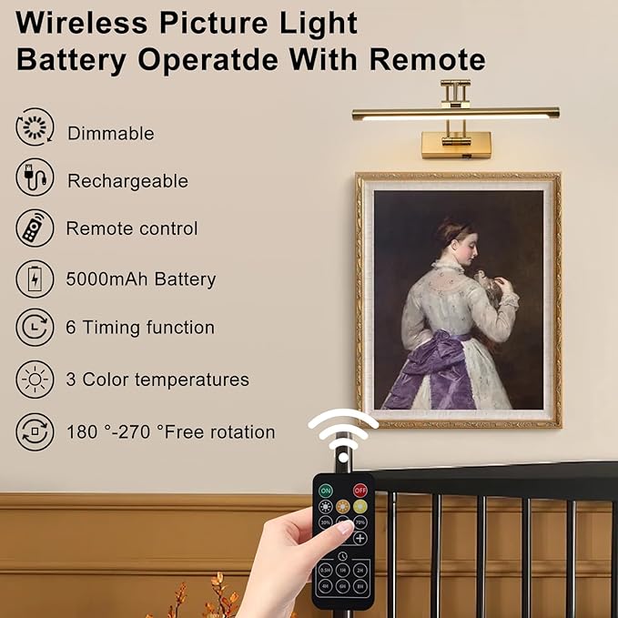 Battery Picture Lights for Wall, Rechargeable Gallery Light Wireless Art - Image 2
