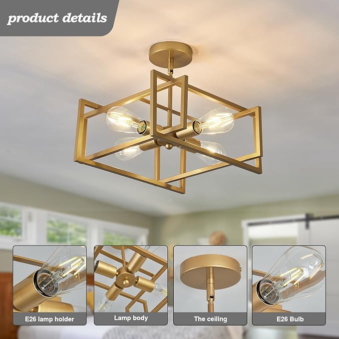 ZGLAOJT 4-Lights Ceiling Light Gold Light Fixture Industrial Flush Mount - Image 3