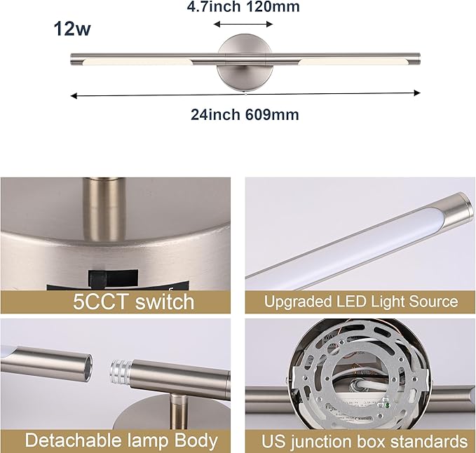 BONLICHT Brushed Nickel Bathroom Light Fixtures 24inch Dimmable 5CCT LED Vanity - Image 5