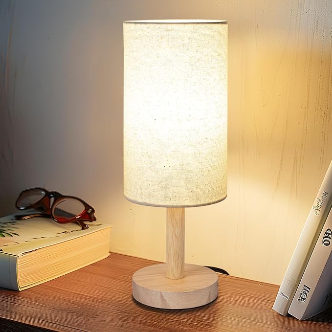 Small Table Lamp for Bedroom, Nightstand Lamp Linen Lampshade Bedroom Wood Base by LALISU