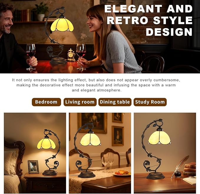 Golden Glass Table Lamp, Vintage Table Lamp, Bronze Metal Leaf Base Lamp - Image 6