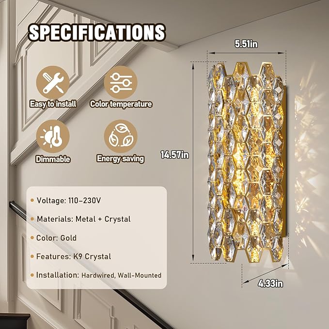 Crystal Wall Sconces, Modern Gold Wall Light Fixtures, Luxury Indoor Wall Lamp - Image 3