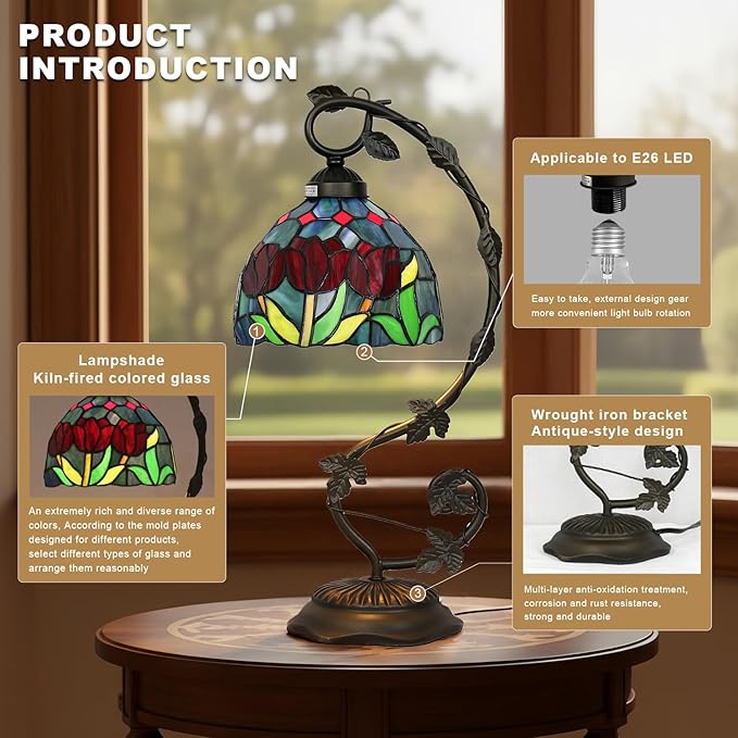 Stained Glass Lamp, Vintage Table Lamp, Living Room, Study（Tulip） - Image 5
