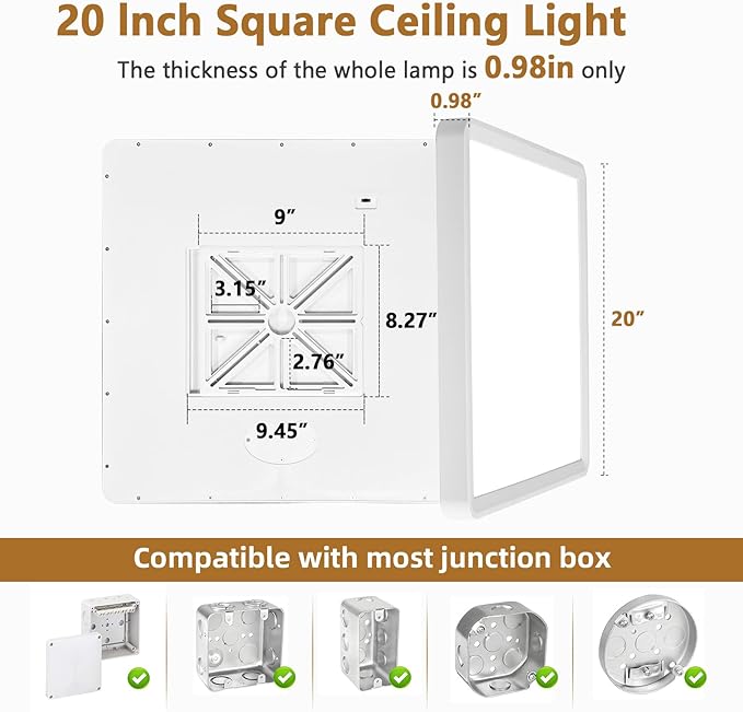 20 Inch Square LED Flush Mount Ceiling Light, 5000LM 3000K/4000K/6000K CCT - Image 4